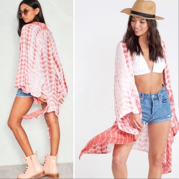 CORAL & WHITE FLOWY TIE DYE KIMONO - Picture 3 of 3